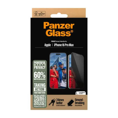 Produktbild von PanzerGlass ® 2-Way Privacy Displayschutz iPhone 16 Pro Max | Ultra-Wide Fit m. EasyAligner, Apple, Apple - iPhone 16 Pro Max, Trockene Anwendung, Kratzresistent, Schockresistent, Transparent, 1 Stück(e)