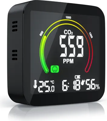 Produktbild von Brandson - CO2 Melder Messgerät Luftqualitätsprüfer, Kohlenstoffdioxid Sensor Messung PPM, Co2 Anzeige, Raumluft Lüftungsampfehlung Alarm, Wecker, Temperatur Thermometer, Luftfeuchtigkeit Hygrometer