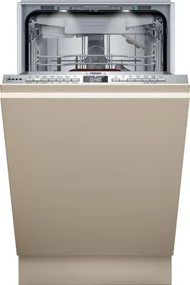A dishwasher with its door open, showing the interior racks and control panel.