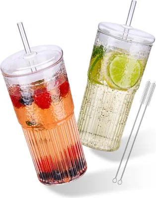 Produktbild von Glas-Trinkgläser mit Deckel und Strohhalm - 650 ml für Eiskaffee, Smoothies und Tee