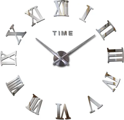 A large, modern DIY wall clock with Roman numerals and clock hands.