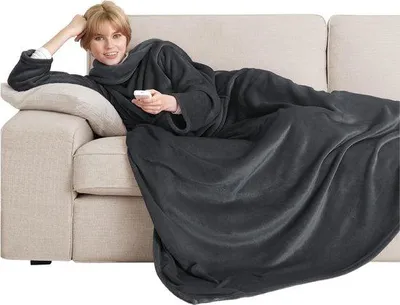 Zdjęcie produktu dla Koc Unyqoos® z polaru z rękawami – miękki koc z mikrofibry do oglądania telewizji, 170x200 cm, 260 g/m², kolor antracytowy, duża przednia kieszeń, można prać w pral  Standard 100 by OEKO-TEX