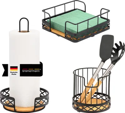 Produktbild von bremermann Küchenutensilien 3er Set, 1x Küchenrollenhalter, 1x Utensilienhalter und 1x Serviettenhalter, aus Bambus und Metall