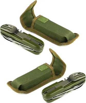 Image de set de 2 couverts de camping pliables - Couverts de voyage 7 en 1 - Couverts pliables pour les déplacements - Set de couverts d'extérieur avec sac banane - 2 pièces de couverts de camping en vert armée - Couverts de survie