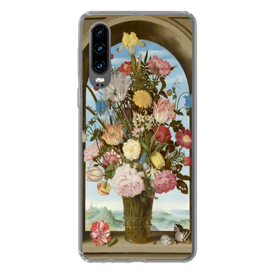Produktbild von MuchoWow® Handyhülle Schutzhülle Hülle für Huawei P30 Vase mit Blumen in einem Fenster - Gemälde von Ambrosius Bosschaert dem Älteren Silikon Softcase Handy Hülle - Kartenbesitzer