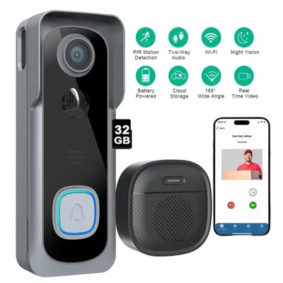 Obrázek produktu pro 2K video zvonek s kamerou Bezdrátový, IP66 vodotěsný, inteligentní AI detekce pohybu, noční vidění, 32GB