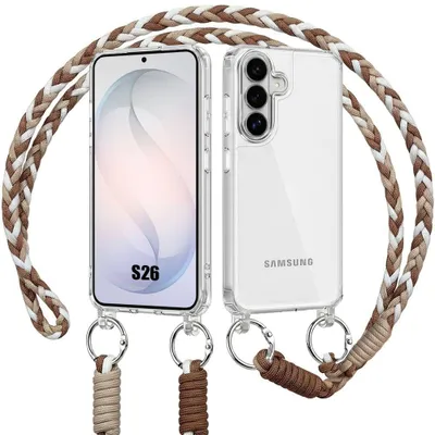 Image de Coque pour Samsung Galaxy S26, Protection Antichoc Rigide Transparent avec Cordon Marron