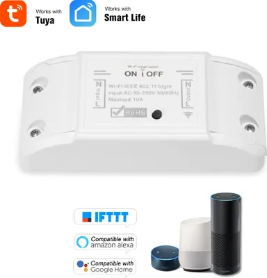 A smart home device with compatibility logos and smart speaker devices.