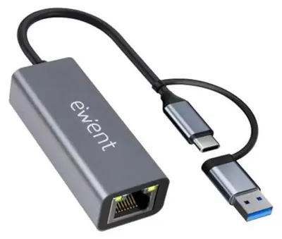 Obrázok produktu pre Ewent EW9819, USB 3.2 Gen 1 (3.1 Gen 1) Type-A + Type-C, RJ-45, 1000 Mbit/s, Šedá, Hliník, Plast, 0,15 m
