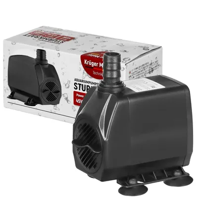 A black aquarium pump and its packaging are shown against a white background.