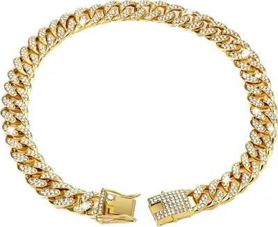 Produktbild von Kubanisches Hundehalsband mit breiter Kette und funkelnden Strasssteinen für kleine, mittelgroße und große Hunde, Schmuckzubehör