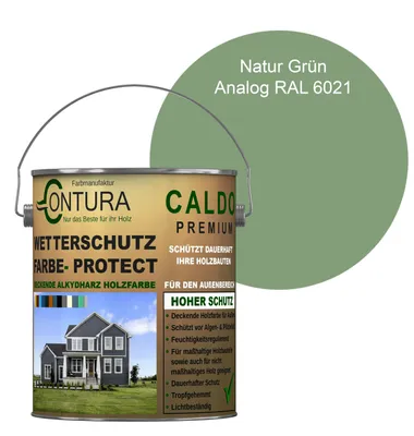 Produktbild von Contura 2,5Liter Wetterschutzfarbe Holz Dauerschutzfarbe Deckend Buntlack Holzfarbe Holzlasur Seidenmatt - Natur Grün - RAL 6021 Analog