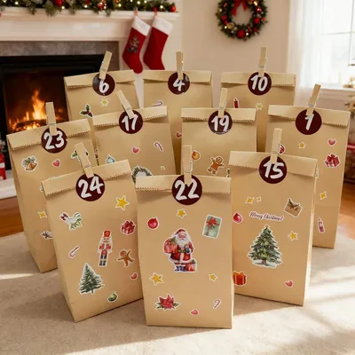 Produktbild von Adventskalender 2025 Tüten 24 Aufkleber 9x18cm Kraft Papier