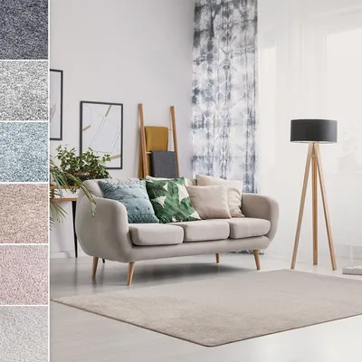 A living room scene with a sofa, pillows, and a rug, with swatches of different rug colors shown on the left.