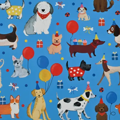 Produktbild von Geschenkpapier Hunde 70cm x 2m Rolle mit Luftballons & Partyhüten Bunt