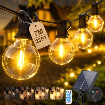 Produktbild von SALCAR Solar Lichterkette Außen, 7M LED Lichterkette Aussen Wasserfest 10+1 G40 Glühbirnen Dimmbar mit Fernbedienung 8 Modi Solarlichterkette Outdoor für Garten Balkon Terrasse Party, Warmweiß