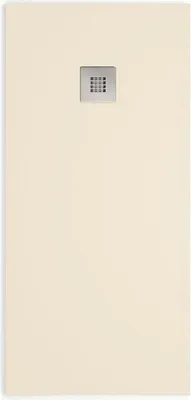 A top-down view of a flat, beige shower tray with a square drain cover in the center.