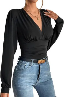 Produktbild von Langärmliger tiefer V-Ausschnitt anliegender Bodysuit für Damen, Khaki, 3XL
