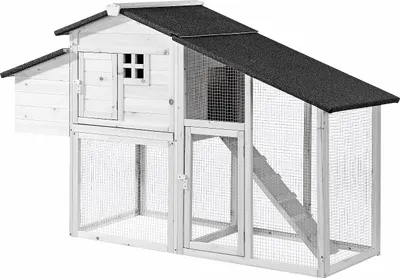 Produktbild von Hühnerstall aus Holz mit Freilaufgehege - für 4 Hühner - 173 x 64 x 108 cm - Weiß - LEVAS