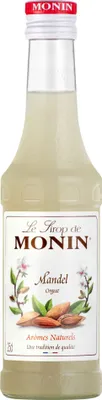 A bottle of Monin Almond Syrup.