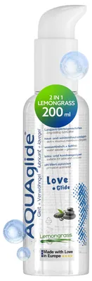 Immagine prodotto di JOYDIVISION Aquaglide 2-in-1 Lemongrass 200 ml è un gel massaggiante e lubrificante a base acquosa con profumo di citronella. È vegano, privo di oli e compatibile con | preservativi in lattice