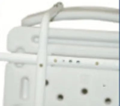 A close-up view of a white bath seat with a backrest, showing some of its structural components and fasteners.