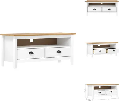 A white TV stand with a wooden top and two drawers, shown from the front.
