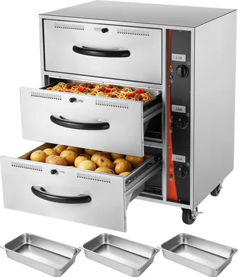 Obrázok produktu pre Zásuvkový ohrievač jedál – Komerčný elektrický ohrievač jedál – 3 zásuvky – Nerezová oceľ – Rozsah teplôt 30–85 °C – Pre gastronómiu, reštaurácie, bufety, pekárne