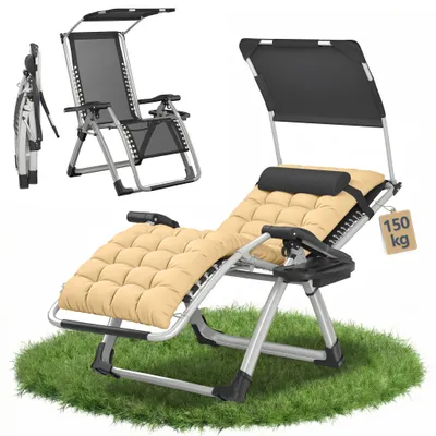 Obrázok produktu pre JOIEYOU Skladacie relaxačné kreslo, béžové, nastaviteľné zdravotné kreslo 90–170°, relaxačné kreslo s vankúšom, taškou, slnečnou strieškou, kreslo do sauny pre vonkajšie použitie