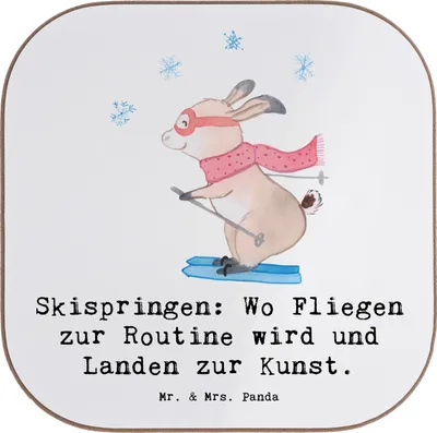 Produktbild von Mr. & Mrs. Panda Untersetzer für Gläser Skispringen Kunstflug - Weiß - Geschenk, Coaster, Holzuntersetzer, Wintersport, Sportler, Geschenke, Flug, Tassenuntersetzer