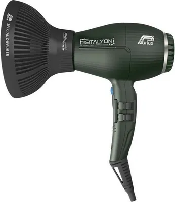 A professional studio shot of a dark green Parlux Digitalyon hairdryer with a black diffuser attachment, isolated on a white background.