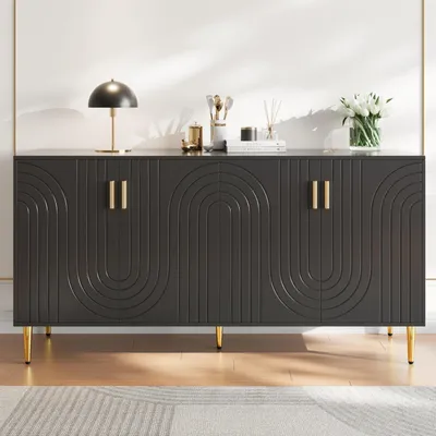 Image de Buffet avec 2 portes, 4 tiroirs, dimensions 152x40x75 cm, couleur gris foncé avec accents dorés