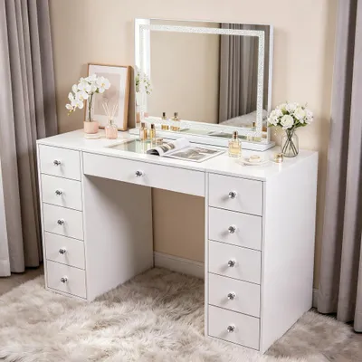 Obrázok produktu pre VANITII Toaletný stolík s diamantovým LED zrkadlom a LED osvetlením dosky stola, elegantný moderný dizajn, biela farba