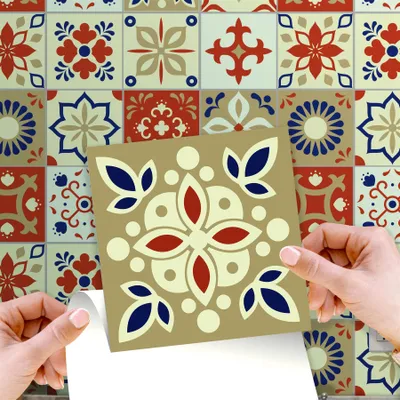 Produktbild von WALPLUS 24 Stück Küchenrückwand-Aufkleber, 15 x 15 cm selbstklebende Wandfliesen für Bad Abnehmbare Marokkanische Wandfliesenaufkleber Bahia Burnt Orange und Beige Innenaufkleber