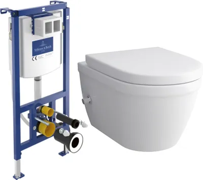 Produktbild von Alpenberger Dusch WC Komplett Set mit Villeroy & Boch Spülrandlos + Unterputz Spülkasten | Wand WC | Toilette mit WC Sitz mit Absenkautomatik (8250 UNI)