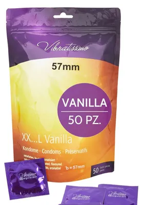 Immagine prodotto di VIBRATISSIMO Preservativi Premium XXL Vaniglia Confezione da 50 per Uomini | alla Vaniglia con Spessore della Parete Sottile e Aromatizzati | Ultra Sensibili e Delicatissimi | b=57 mm