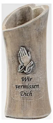Produktbild von Grabvase Herzform mit der Inschrift 'Wir vermissen Dich', grau, 18 cm hoch, 7,5 cm breit