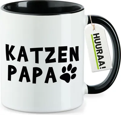 Produktbild von Huuraa Kaffeetasse Katzenpapa Tapse 330ml Schwarz Keramik Kaffeebecher Geschenkidee