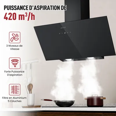 Image de LEVIVO A+++ Hotte Aspirante 80cm avec 420 m³/h, 2 Filtres à Charbon, 1 Filtre Anti-graisse, 3 Vitesses & Booster, 2 LED I Hotte de Cuisine avec Recyclage ou Évacuation, Noir