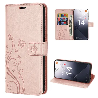 Produktbild von Hülle Xiaomi 14 Handy Tasche Handyhülle Wallet Case Flip Cover Blumen Klapphülle Rosegold