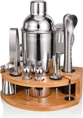 Produktbild von Cocktail Shaker Set,750ML 12 Teiliges Edelstahl Barkeeper Kit Geschenk Home Stylish Bar Tool Set mit Cocktail Rezeptheft (Silber)