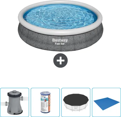 Produktbild von Bestway runder aufblasbarer Fast-Set-Pool – Rattan-Druck – 366 x 76 cm – inklusive Pumpe Filter - Abdeckung - Bodenplane
