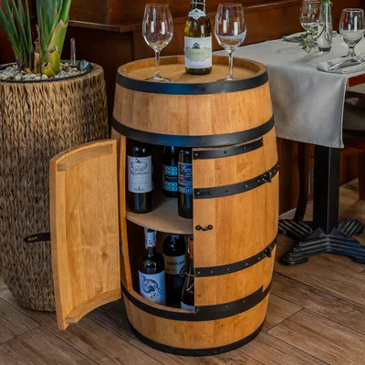 Produktbild von Weinregal mit Tür - Mini Bar Regal Rund - Alkohol Schrank Flaschenregal Holz Regale - Holzfass Deko - Hausbar Theke - Fassmöbel - Wine Rack - Wineregal - Weinbar - Möbel Wohnzimmer - Fass bar mit Tür - Fassbar minibar 80Cm High(Eiche)