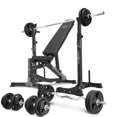 Image de Marbo Sport - Ensemble MS30_2.0_113KG | Banc de musculation doublement réglable + support d'haltères (2 pièces) avec sécurité + ensemble de barres et de disques d'haltères 113 kg