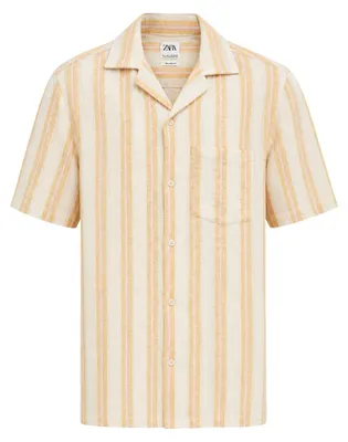 Image de Chemise pour homme Zara, couleur crème, à rayures, coupe classique, taille M