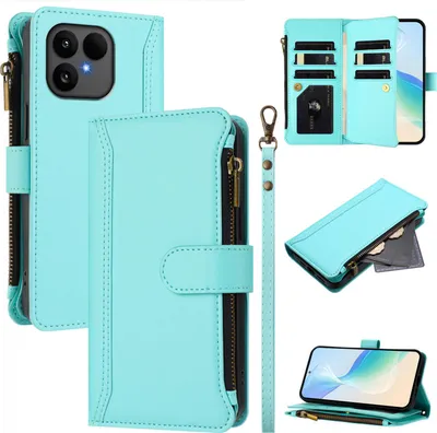 Obrázek produktu pro Pouzdro pro Fairphone 6, zipem, peněženkovéPolyuretankožené flip pouzdro s kapsami na karty, stojánkem a poutkem na ruku mátově zelená