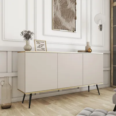 Productafbeelding van Kommode/dressoir FORNO, beige en goud, glamour, Art Deco stijl, met 3 deuren, zwarte poten