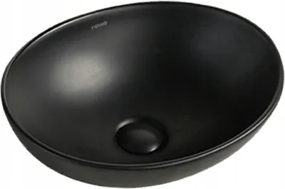 A black ceramic washbasin is shown from a slightly elevated angle against a white background.