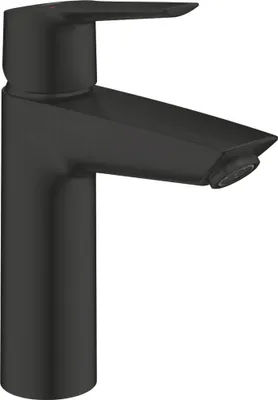 A black matte bathroom faucet on a white background.