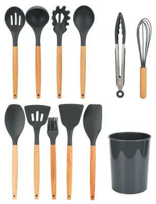 Produktbild von 12 Stück Küchenhelfer Set Silikon Küchenutensilien Set Antihaft Hitzebeständiger Holzgriff Kochbesteck mit Utensilienhalter Silikonspatel Kochgeschirr Set Spülmaschinengeeignet